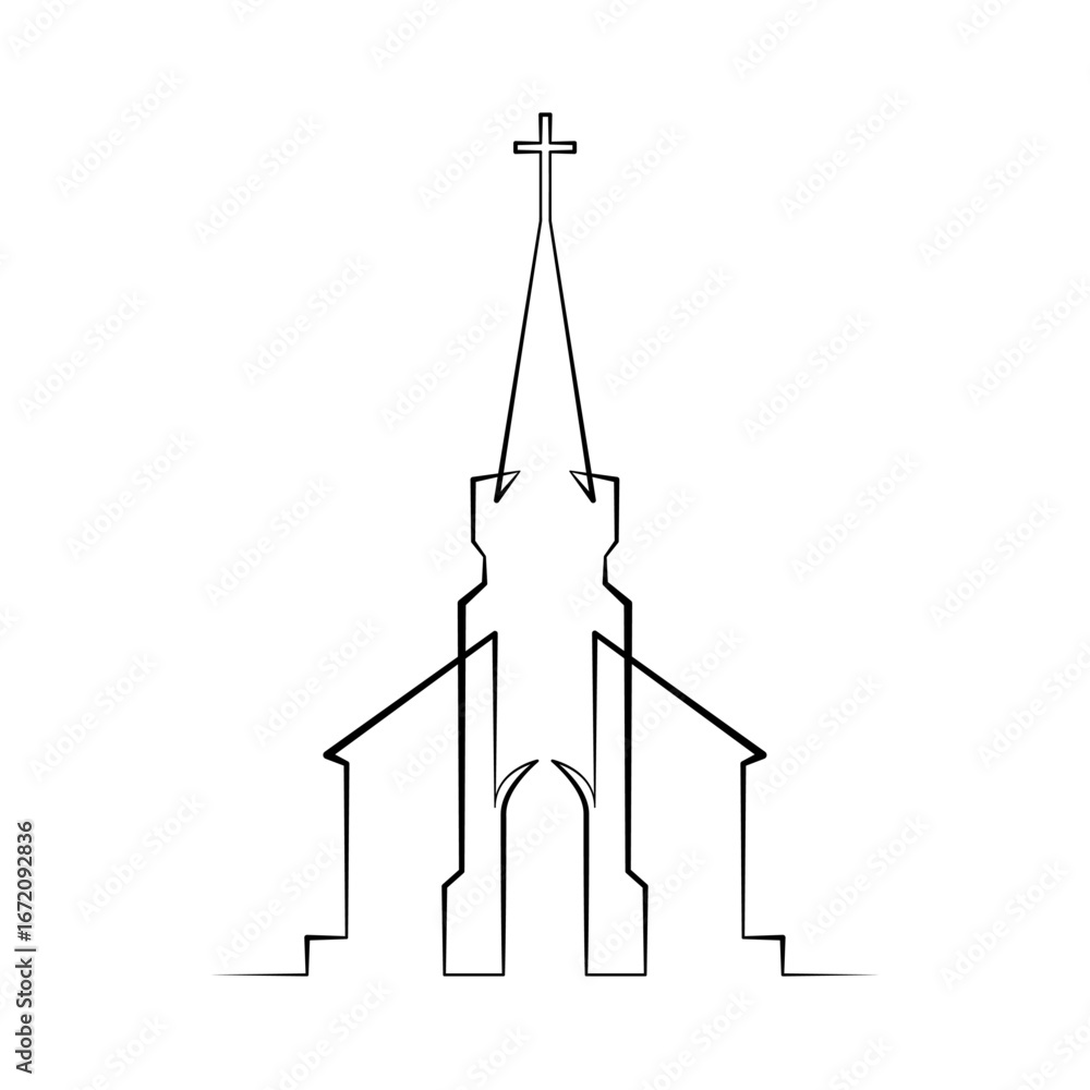 Poster continuous one line drawing catholic church. religious architecture. one continuous line isolated mi