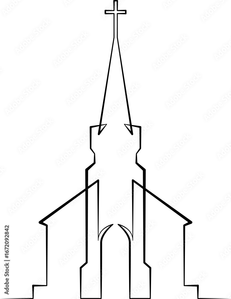 Poster continuous one line drawing catholic church. religious architecture. one continuous line isolated mi