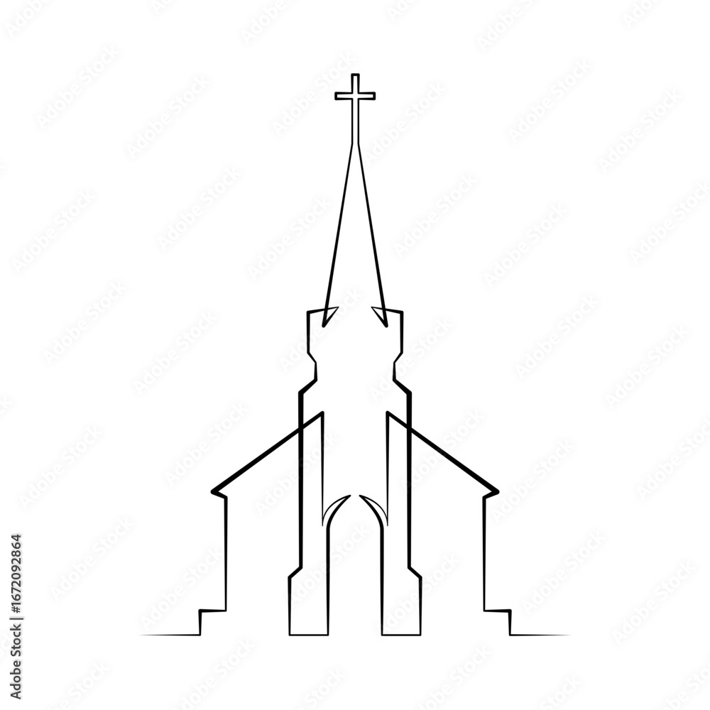 Poster continuous one line drawing catholic church. religious architecture. one continuous line isolated mi