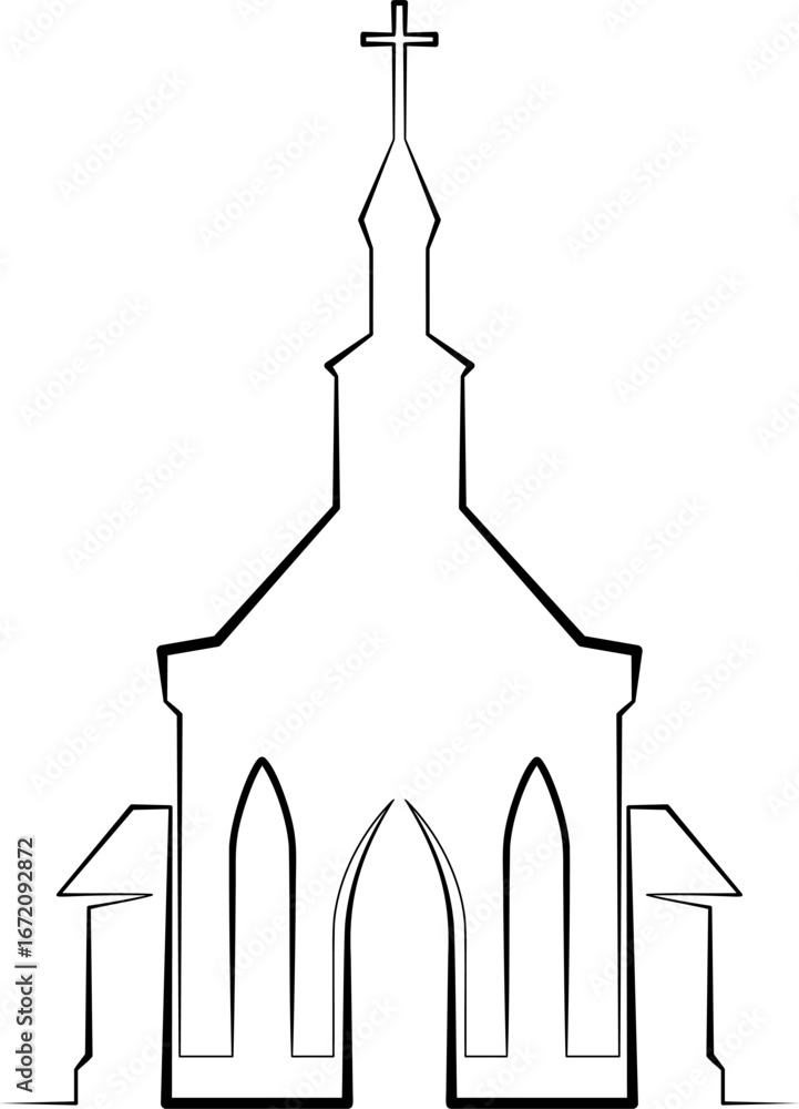 Poster continuous one line drawing catholic church. religious architecture. one continuous line isolated mi
