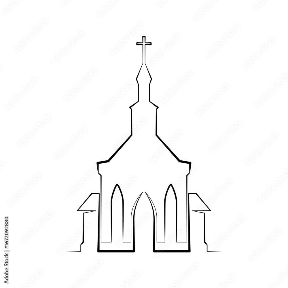 Poster continuous one line drawing catholic church. religious architecture. one continuous line isolated mi