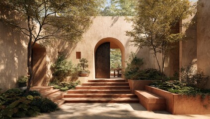 Sun-drenched courtyard with terracotta steps and arched doorway. Lush greenery