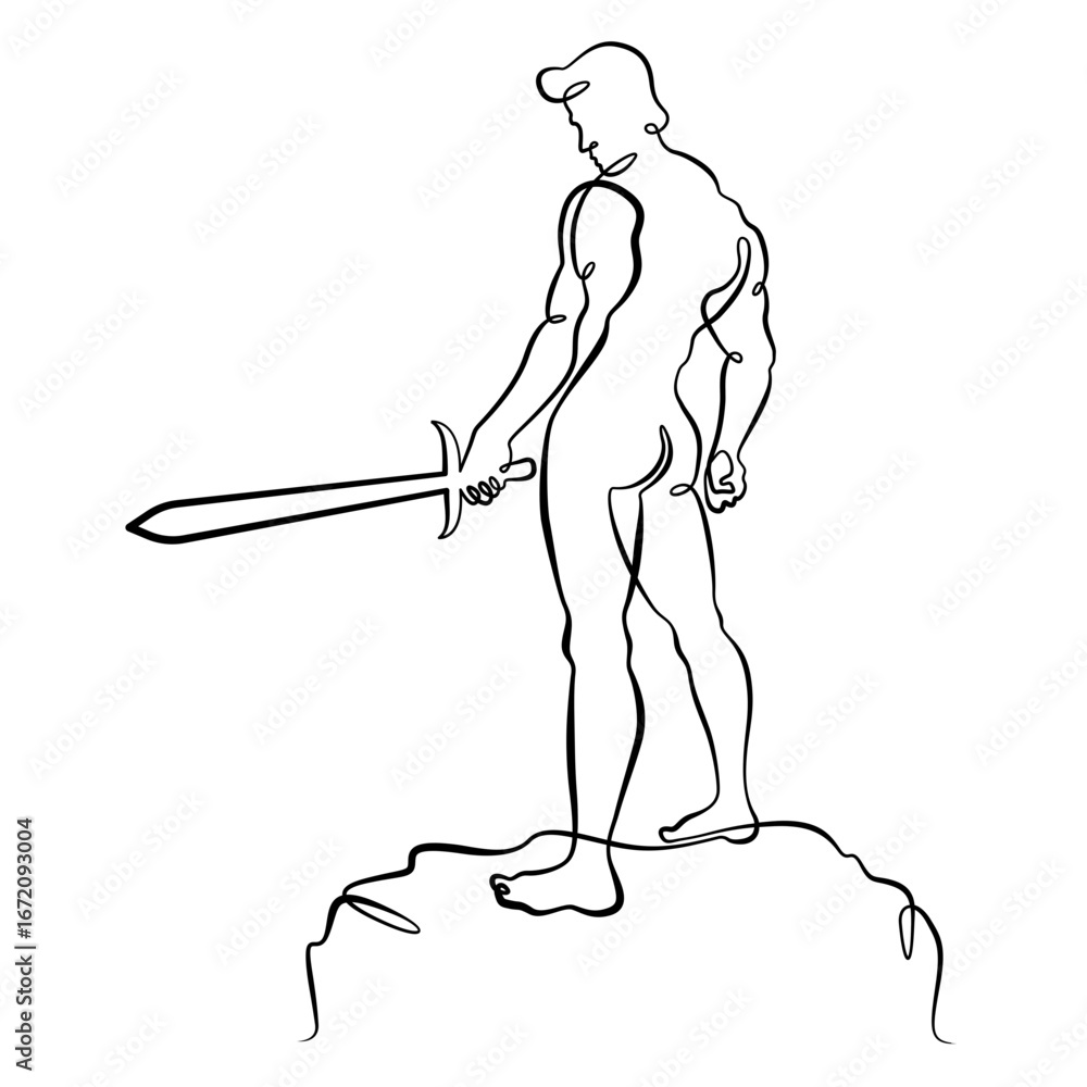 Poster continuous one line drawing muscular man with a sword in his hand. silhouette of a warrior. one cont