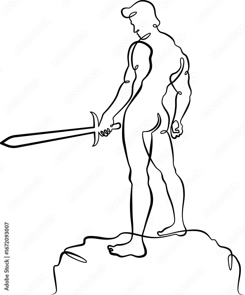 Poster continuous one line drawing muscular man with a sword in his hand. silhouette of a warrior. one cont