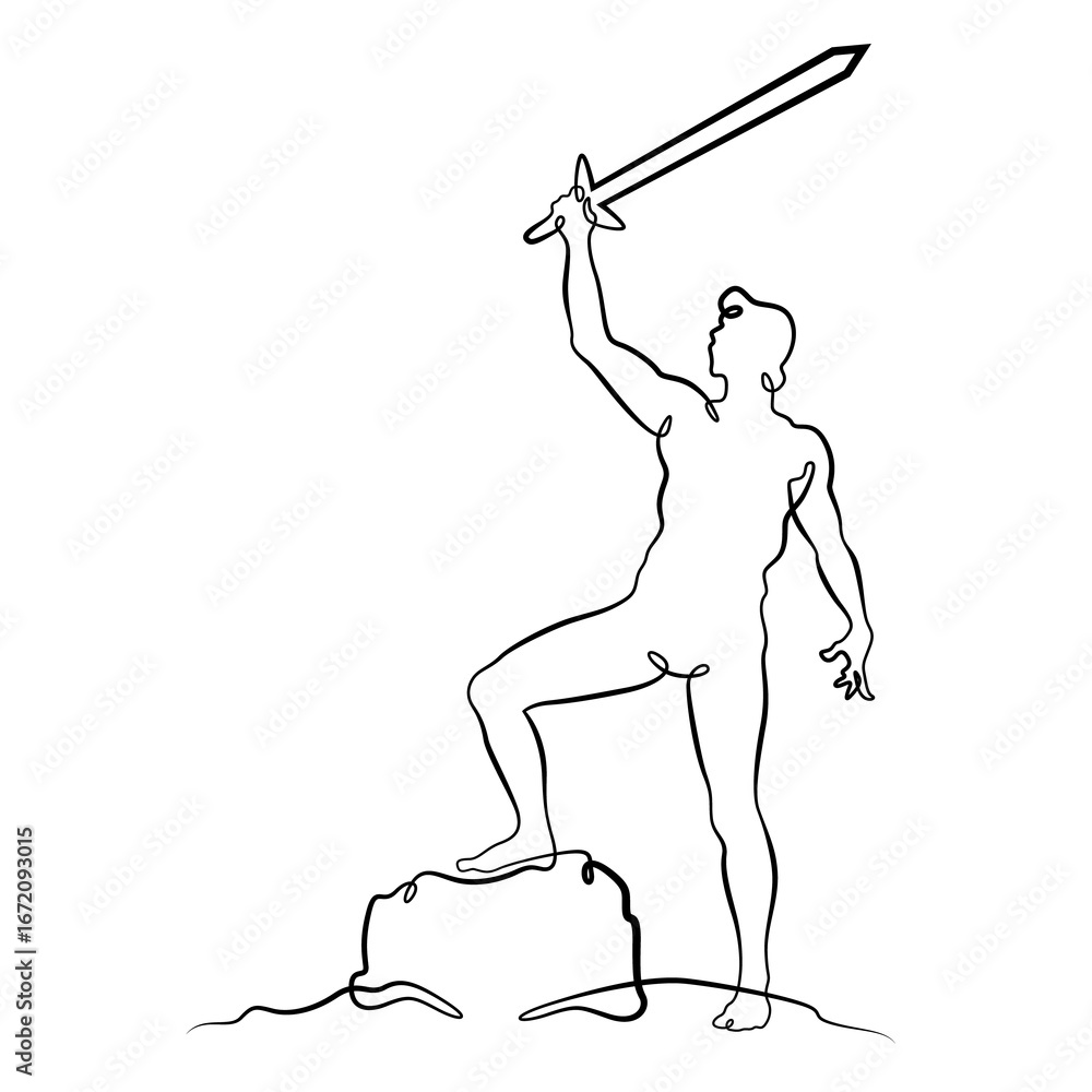Poster continuous one line drawing muscular man with a sword in his hand. silhouette of a warrior. one cont