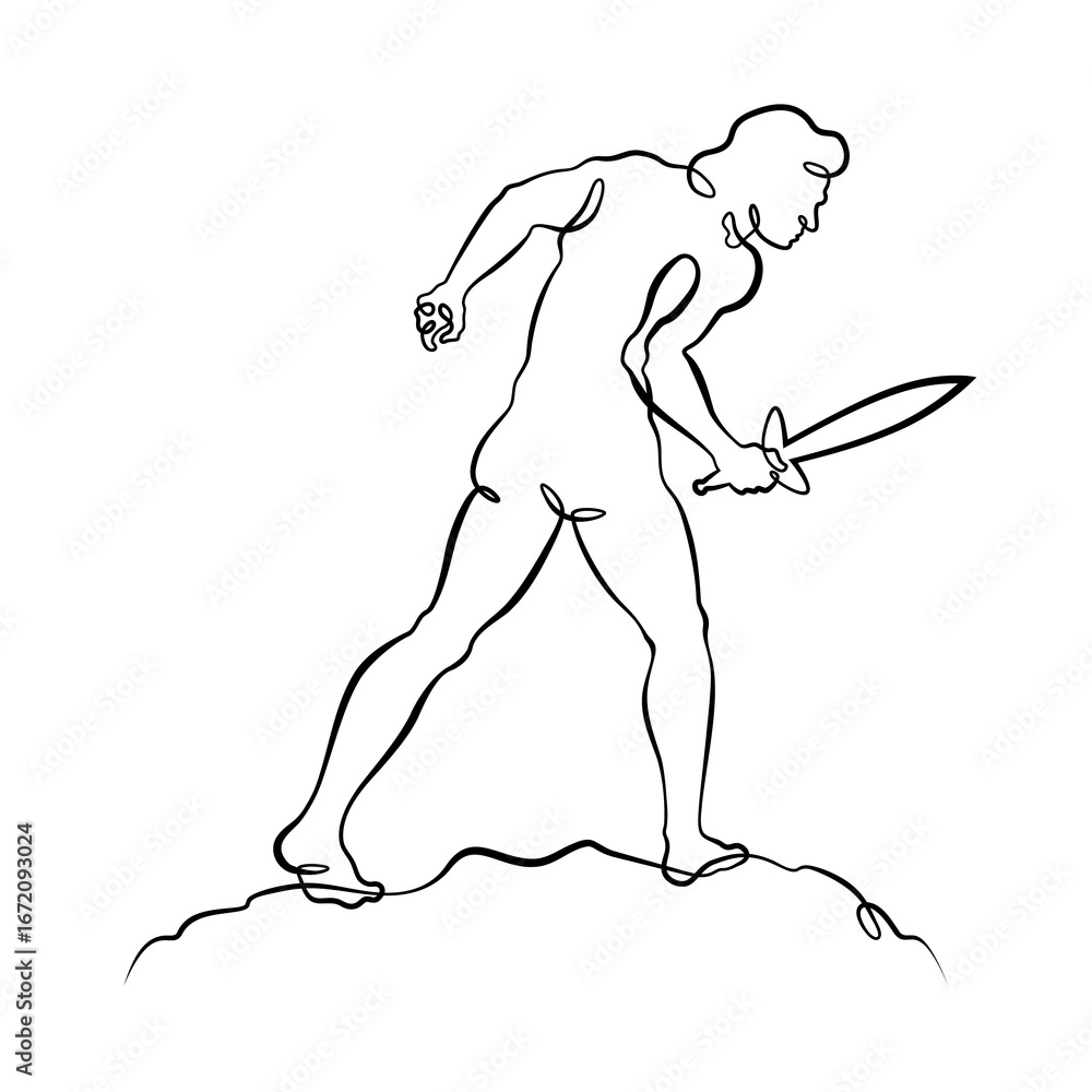 Poster continuous one line drawing muscular man with a sword in his hand. silhouette of a warrior. one cont