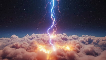 Dramatic Blue Lightning Strikes White Clouds in Starry Night