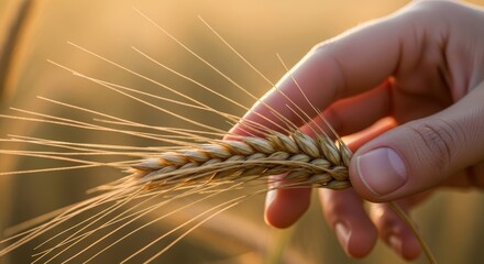 Close-up of hand holding wheat in sunlit field
