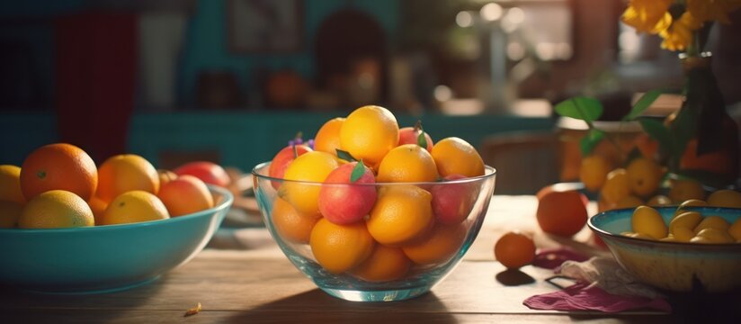 a still life composition featuring a rustic wooden table, glass bowls filled with vibrant oranges and apples, soft lighting, and a warm, cozy atmosphere.
a wooden table with a bowl of oranges and appl