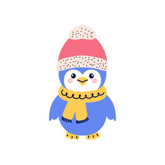 An adorable, simple cartoon penguin wearing a winter hat and scarf