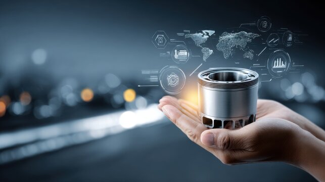 Hands Holding Metal Component with Digital Overlay and Bokeh Background