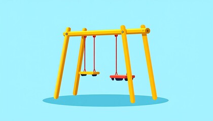 Simple playground swing set, yellow frame, red seats, light blue background