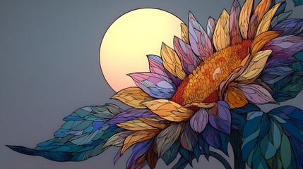 A vibrant sunflower with intricate, colorful petals and a moon in the background, set against a soft, ethereal sky.