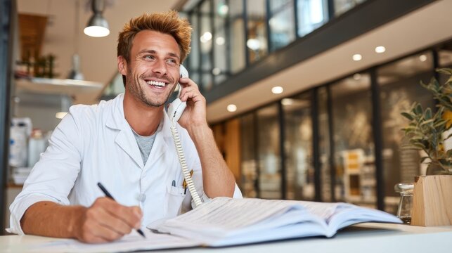 Man in Lab Coat on Telephone and Writing in Book