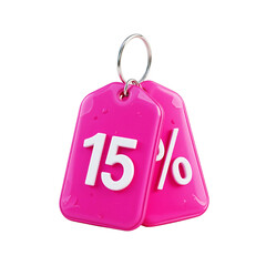 Bright pink tag with 15 percent discount isolated on transparent background