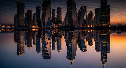 Cityscape reflection on water urban skyline at dusk scenic view travel destination modern architecture
