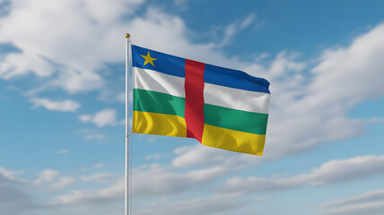 Central African Republic flag waving proudly against a vibrant blue sky with fluffy white clouds, national pride