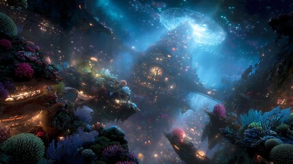 Fototapeta premium A vibrant underwater city with colorful coral reefs, illuminated by a blue light, featuring a bridge and a tree-like structure.