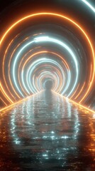 Naklejka premium Neon Lights Tunnel Reflective Water Futuristic Scene