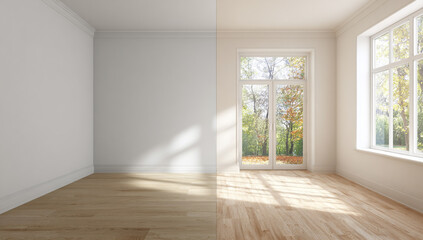Fototapeta premium Bright empty room with white walls, wooden floor and large windows