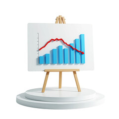 3d bar chart and line graph on easel isolated on transparent background