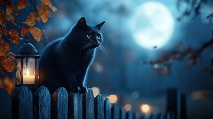 Mysterious black cat on a fence under a full moon