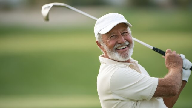 Older Man Holding Golf Club Smiling on Green Background