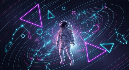 Fototapeta premium Astronaut floats amidst swirling nebula, neon triangles, and constellations.