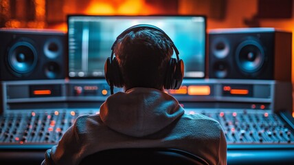 Music producer working on sound mixing in a modern studio during night hours