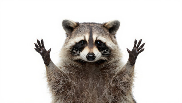 Raccoon with paws raised, isolated on white background - Powered by Adobe