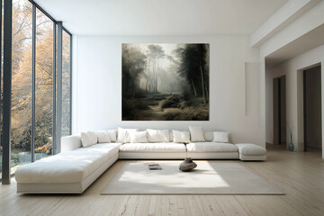 Elegant minimalist living room with a large window, white walls, and a sofa.