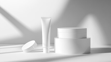Minimalist mockup of white cosmetic containers on white background with sunlight shadows.