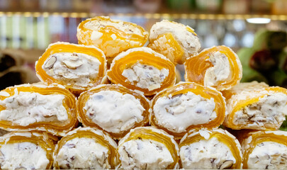 Stack of pastries with a white filling