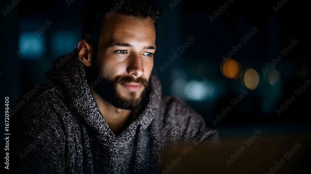 Poster a man studies coding on a laptop at night long title a determined individual is deeply focused on le