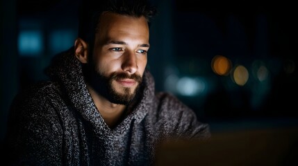 A man studies coding on a laptop at night  long title A determined individual is deeply focused on learning and improving their coding skills through