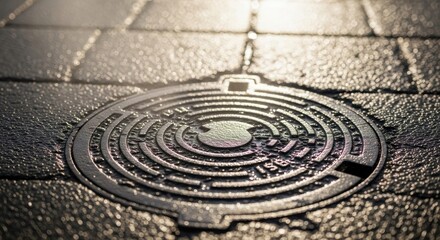 Circular metal manhole cover on textured wet pavement at sunset