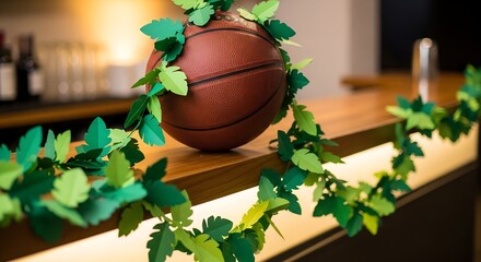 Basketball resting on bar height wooden counter with shamrock garland celebrating irish american heritage