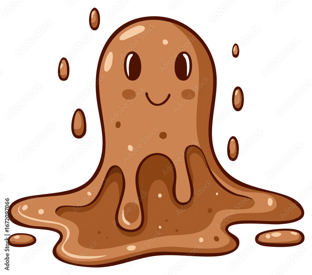 Poster friendly brown blob cartoon character dripping with a happy expression.