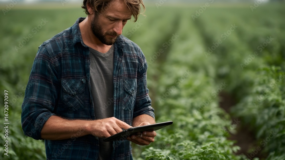 Poster farmer using tablet to learn modern agricultural techniques in the field