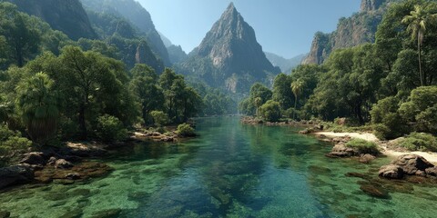 Majestic mountain landscape with crystal-clear river and lush greenery in a serene setting