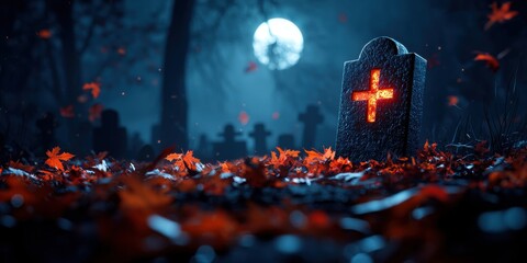 Obraz premium Haunted graveyard under a full moon with glowing tombstone