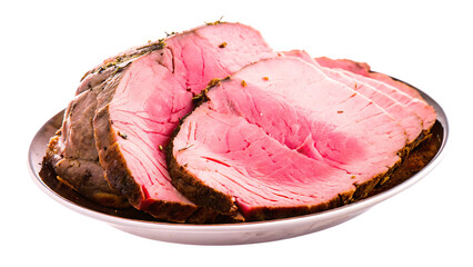 Fototapeta premium juicy roast beef slices on a plate isolated on white background png, ai generated