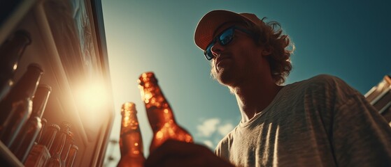 A young man selects a beer bottle from an outdoor cooler in the low light of the summer sky.