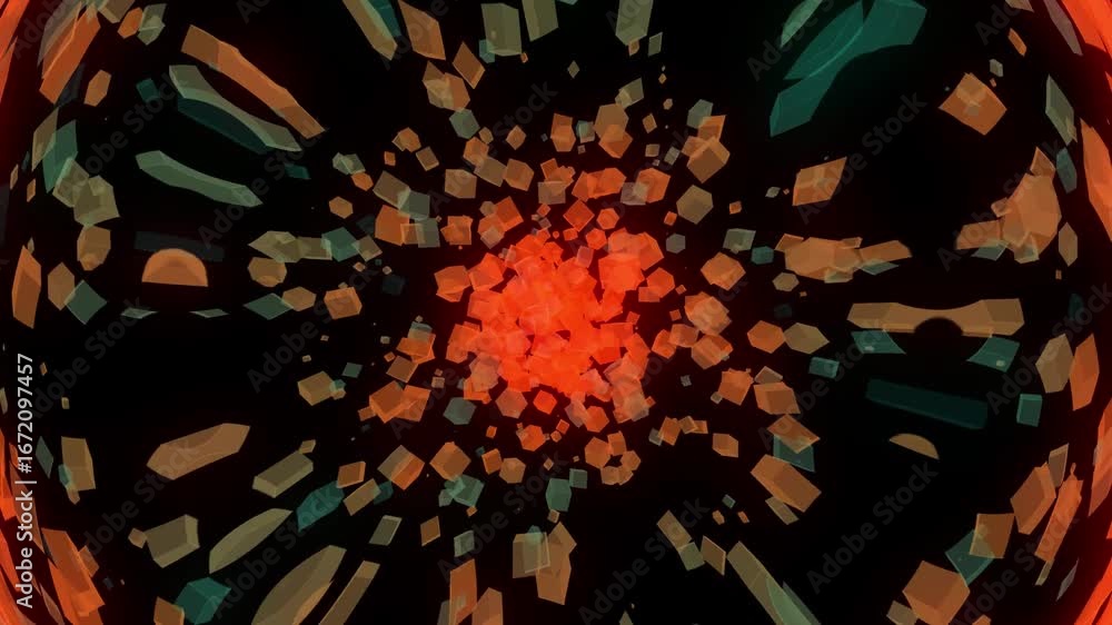 Poster abstract animation of colorful shapes moving towards center.