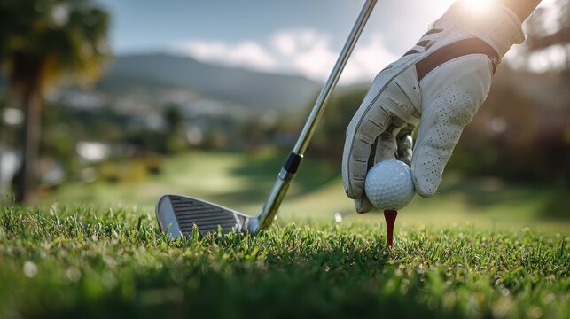 Golfer placing golf ball on tee sunny day green grass