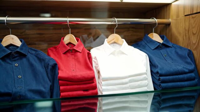 Colorful shirts on display stands in clothing stores Stacked shirts of various colors