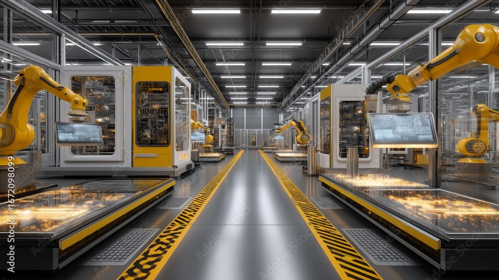Poster high-tech robots operate in a modern manufacturing facility, showcasing automation and efficiency.