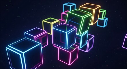 A vibrant abstract composition of glowing neon-outlined cubes in various colors, stacked and scattered on a dark, speckled background.