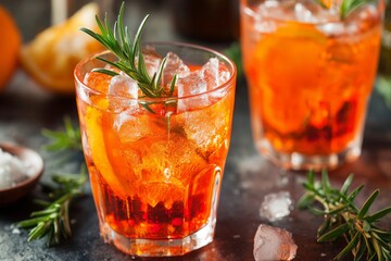 Refreshing cocktail with ice, orange slices, and rosemary served in a glass on a dark tabletop