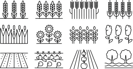 Collection of simple outline icons representing various agricultural crops and farm scenes